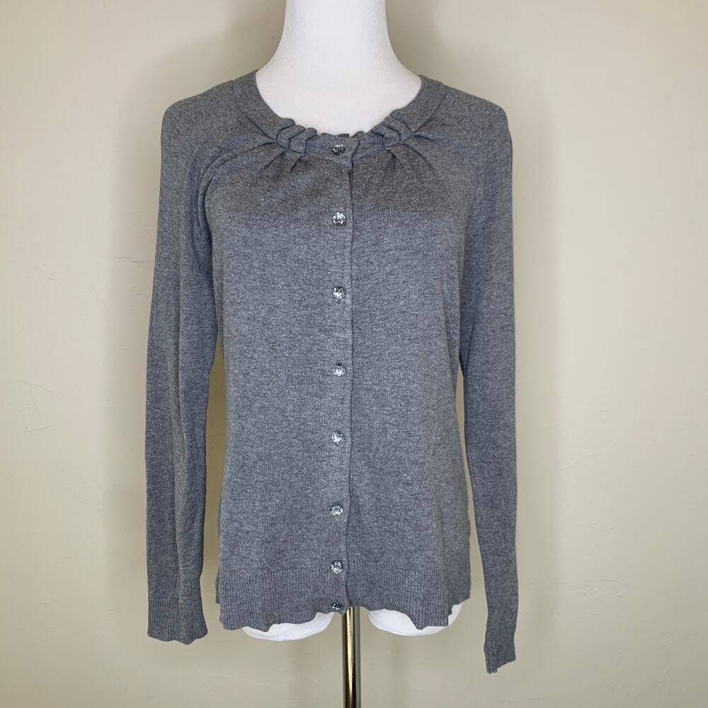 Grey Cardigan Button Front Medium Gathered neckline